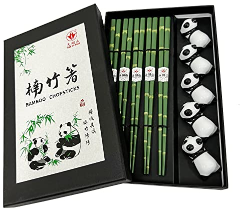LANHUTHS Wooden Chopsticks Reusable 5 Pairs Gift Set with 5pcs Porcelain Rest Panda and Green Bamboo Design Hand-Made 8.8 Inch/22.5cm