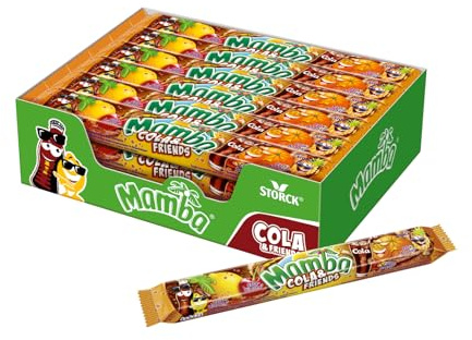 Mamba Cola & Friends, Frucht- & Cola-Kaubonbons - 24 x 106 g (4er Stange) | Leckerer Süßigkeiten Mix, softe Colabonbons in 4 fruchtigen Sorten Zitrone, Kirsche, Orange & Ananas, einzeln verpackt
