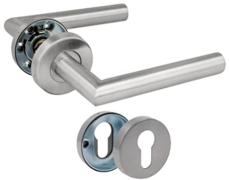 Amig - Juego de Manillas con Roseta para Puertas - 136 x Ø19 mm - Diseño Elegante y Sencillo - Ideal para tu hogar u oficina - Acero inoxidable - Plateado Mate - Incluye Bocallave para Cilindros