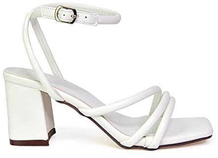 Womens Strappy Sandals Ladies Low Mid Block Heel Ankle Strap Square Toe Shoes Size 3-8 White Synthetic Leather