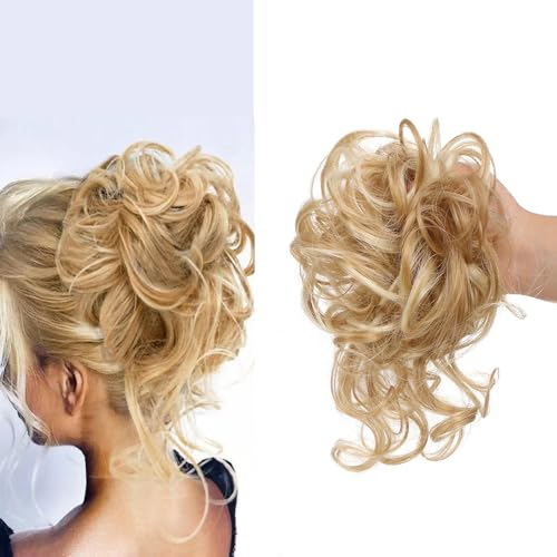 Haarteil Mit Gummiband Blonde Dutt Haarteil Haargummi Mit Haaren Gelockt Haardutt Synthetisch Haar Haarverlängerung Pferdeschwanz Haarteile für Damen Mädchen,(#105(hellblonde Mischung Braun))