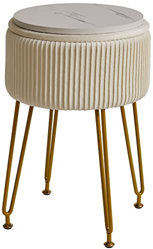 IBUYKE Velvet Storage Footrest Stool Ottoman, Makeup Vanity Stool Side Table with Golden Steel Legs Removable Cover, Coffee Table Top Cover, Creamy-White L/G-20M