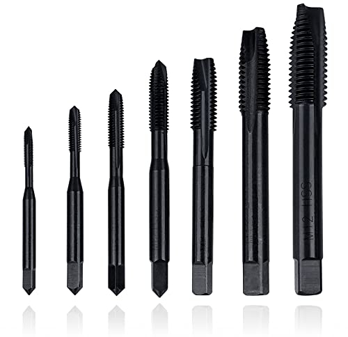 Mesee 7 Stück Maschinengewindebohrer, HSS Gewindenachbohrer set, Metric Tap, Gerade Nut, Maschinengewindebohrer, für Durchgangslöcher M3/M4/M5/M6/M8/M10/M12- Schwarz