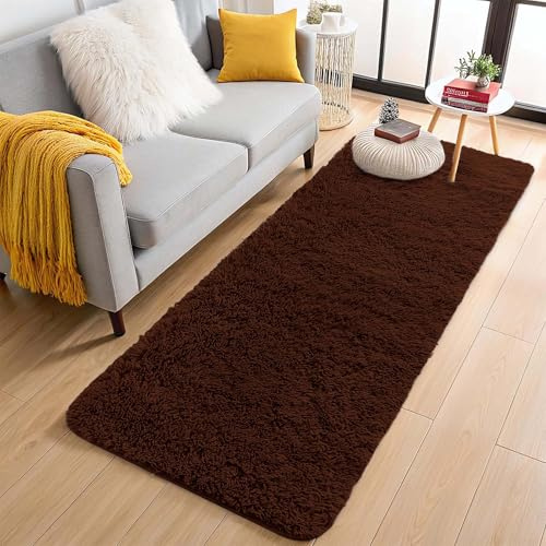 Aspire Homeware Rugs Living Room - Brown Area Rugs for Bedroom 60x220cm Anti Slip - Modern Super Soft Thick Pile Fluffy Shaggy Rug Non Shedding
