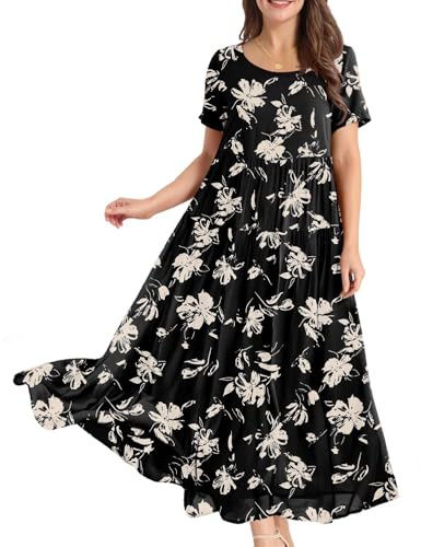 YESNO Women Dresses Casual Plus Size Bohemian Short Sleeve Floral Long Maxi Summer Beach Swing Dress/Pockets M EJFUK CR346