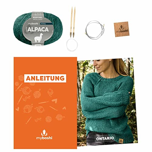 myboshi Strickset Raglanpullover Ontario, Strickset für Anfänger, inkl. Alpaca Wolle, Nadel und Anleitung, Label, Strickpaket, 10% Alpaka, 25% Schurwolle Petrol mit Rundstricknadel