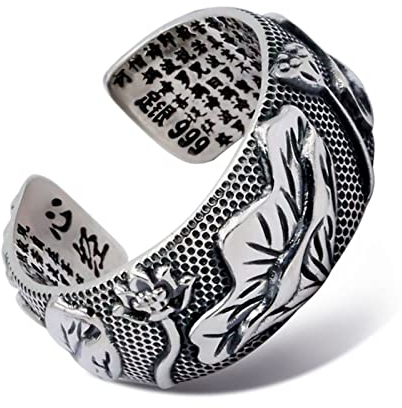 Epinki Ringe Sterling Silber S925, Buddhistisch Lotus Gravur Sutra Form Ringe Silber Männer für Herren Damen, Gothic Biker Ring, Verstellbar, Echt Silber Schmuck