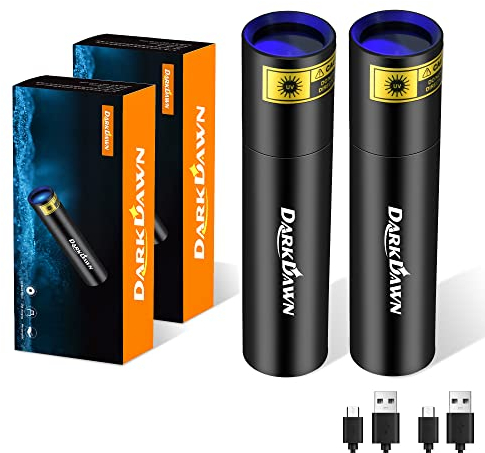 DARKDAWN UV Taschenlampe 365nm Licht, Schwarzlicht Mini USB Wiederaufladbar, Woodsche Lampe Tragbare LED Ultraviolett 370nm Haustier Urin Detektor, Flecken, Geld, Bernstein, Leck-Detektion, 2 Packung