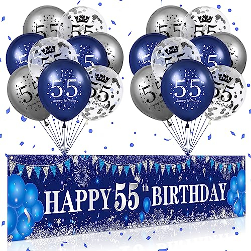 RUMIA Blau 55. Geburtstag Dekoration für Männer Frauen, Marineblau Silber 55. Geburtstag Banner, Blau 55. Geburtstag Luftballons für 55. Jahrestag Party Dekorationen