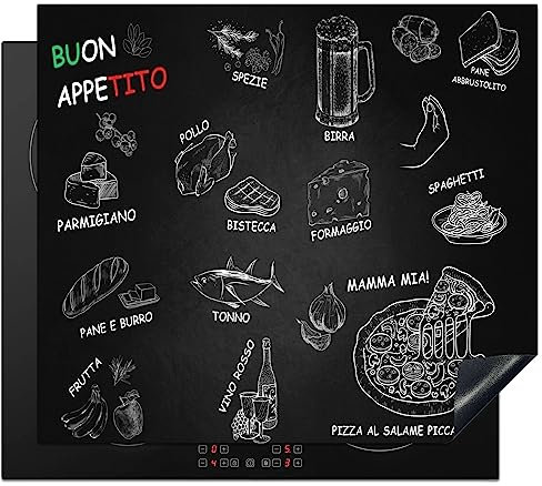 KitchenYeah© Protege Plaque Tapis Pour Induction 58x51 cm Deco Cuisine Protection Vitrocéramique Pour Cuisiniere Italien - Herbes - Épices - Ristorante - Pizza - Spaghetti - Buon Appetito