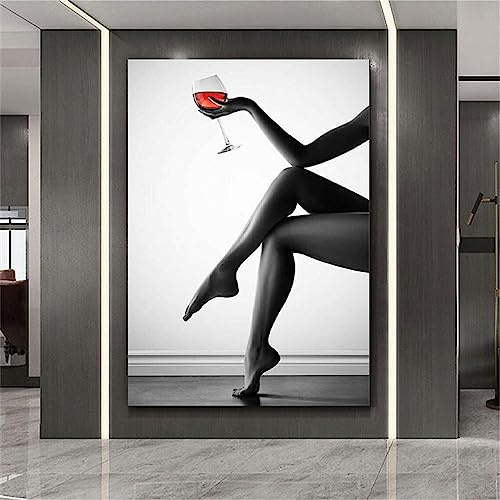 KEBIA Bicchiere di vino rosso Donna sexy Gamba Tela Wall Art Poster e stampe Quadro su tela per camera da letto Decorazioni per la casa 50x70cm Frameless