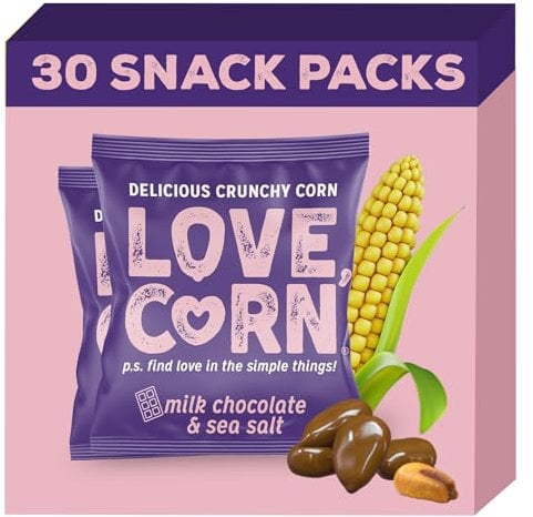 LOVE CORN Milk Chocolate & Sea Salt Crunchy Corn Snack 15g x 30 Bags – Chocolate Multipack Snacks Ideal for Gluten Free Diets – Chocolate Gift – Perfect To Graze On