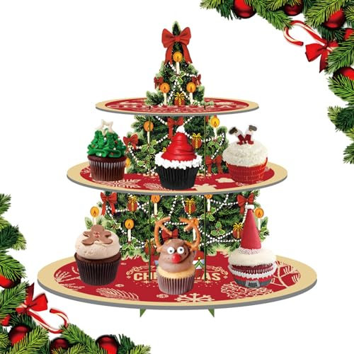 BASEMMAHER Christmas Cupcake Stand, 3 Tier Tree Dessert Stand Holder Cake Xmas Tower Tray Cardboard Pastry Serving for Holiday Wedding Birthday New Year Party Decoration
