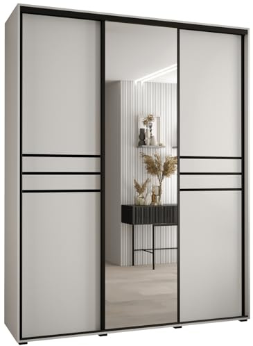 MEBLE KRYSPOL Davos 11 200 Schrank mit DREI Schiebetüren für Schlafzimmer - Moderner Schrank mit Spiegel, Kleiderstange und Regalen - 235,2x200x60 cm - Weiß Weiß Schwarz