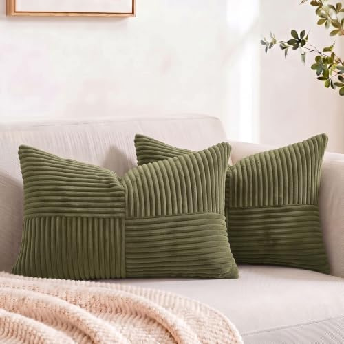 FDTERN 2er Set Olivgrün Kordsamt Kissenbezug 30x50 Weich Dekorative Kissenbezüge Kissenhülle Dekokissenbezug Sofakissen Dekokissen Boho Deko für Sofa Schlafzimmer Wohnzimmer