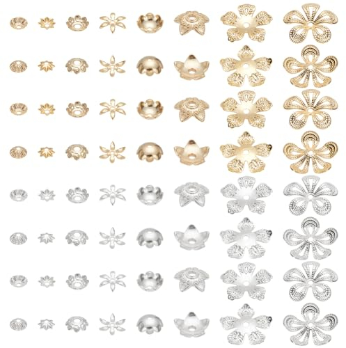 PH PandaHall 64 Stück Perlkappen in 8 Formen Blumen Endkappe, vergoldete Spacer Perlkappen aus 24 Karat Gold, Messing Perlkappen für Ohrringe, Armbänder, Schmuck DIY Basteln (Golden, Silber)
