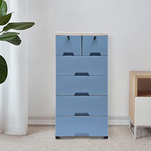SICHENSH 6 Schichten Kunststoff Kommode, Stapelbare Boden Schrank Kommode Organizer mit Schloss und 4 Räder Home Kunststoff Kommode für Home Office Schlafzimmer Badezimmer (Weiß, Blau)