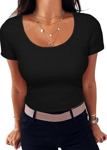 Aottori Black Tops for Women UK Summer Basic T Shirts Ladies Short Sleeve Round Neck Tee Shirt Ribbed Slim Fitted Casual Tunic Tops Black M