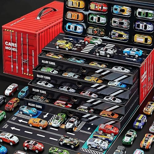 XIXIMENG Car Storage Box - Enlarged Storage Box with Easy-Grip Handles, Holds Up to 48 Cars, Comes with Simulated Garage, Car Toy Storage Box - Includes 48 Alloy Cars