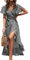 CUPSHE Women Summer Wrap Maxi Dress Casual Split Flared Sleeve V-Neck Ditsy Dress Tie Waist Ruffle Beach Dress Black Foral L