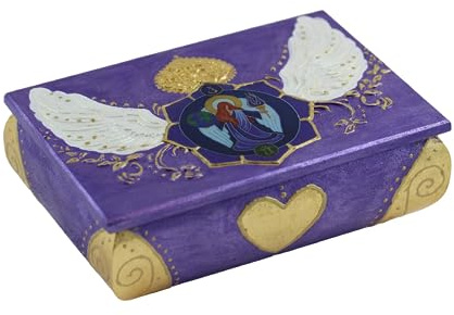 Generisch Erzengel Zadkiel Schmuck Schatulle mit Blattmetall Vergoldung, Kästchen mit Engelmotiv und Flügelpaar in Lila Gold, Engel Tarot Karten Box, Angeloudia Glücksbringer Design-Serie