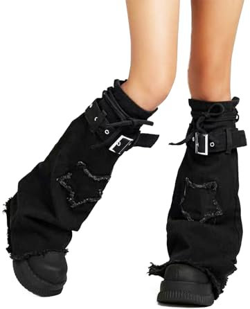 FakeFace Jambières Harajuku pour Femme Fille Jambières en Jean Rétro Y6K Gothiques Chaussettes Longue Evasées Punk Réglable Chauffe-jambes Mignon Mode