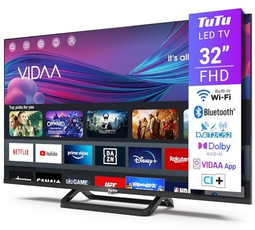 TuTu Smart TV 32 Pulgadas Full HD LED Televisión con WiFi, Bluetooth, Sintonizador Digital (DVB-T/T2-C-S/S2), App Store, Apoyado por VIDAA - TUV32FN1B, 2024