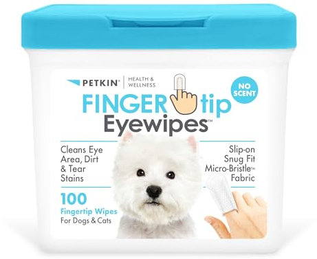 Petkin Fingertip Eye Wipes for Dogs and Cats, 100 Finger Wipes - Slip-On, Snug Fit, Micro-Bristle Fabric - Cleans Eye Area, Dirt and Tear Stains - Convenient, Ideal for Home and Travel - No Scent