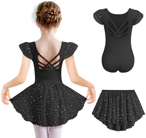 Arshiner Mädchen Schwarz Ballettkleid Kurzarm Baumwolle Ballettkleidung Elegant Tanzkleid Rückenfrei Balletttrikot Kinder Ballett Trikot mit Tütü Ballettanzug Tanztrikot 150/8-9 Jahre