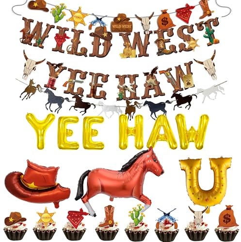 Western Cowboy Party Decorations Banner - 18Pcs Gold Yee Haw Foil Balloons Pattern Pull Flag Boots Horse Horseshoe Balloon Cake Toppers For Cowboy Themed Western Baby Shower Birthday Party Decor