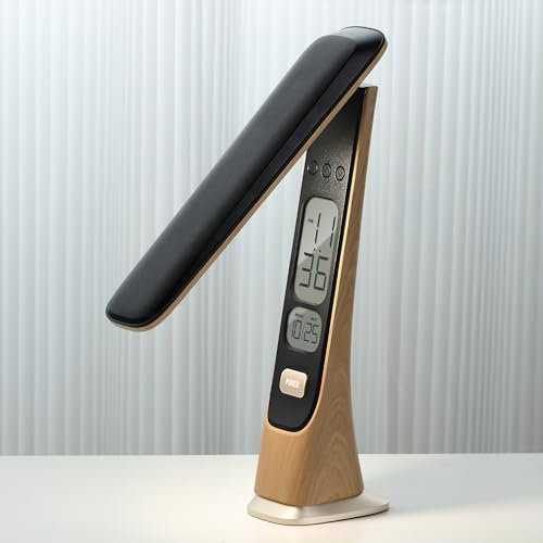 APM LED-Schreibtischlampe, Kabellose, Wiederaufladbare, Tischuhr, Touch-Taste, Dimmbare Helligkeit, Digitalanzeige, Ideal für Zuhause, Lesen, Arbeit, Holz, 425040