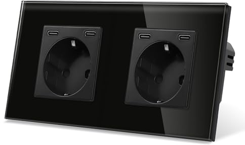 CNBINGO Steckdose mit Type-C Ports, 20W Schnellladen, 2-Fach Weiß Glas | Schuko Steckdose Unterputz mit USB-Schnellladung, Wandsteckdose mit Kindersicherung, Horizontal oder Vertikal, Glasrahmen