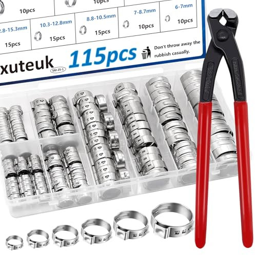 mxuteuk 115Stück ohrschellen 6-28.6mm Single Ear Schlauchschellen mit Ohr Klemmen Zange Crimp Schlauchschellen für Auto, Haus, Gerät, Rohr, Kraftstoffleitung Stufenlose Schlauchschelle mit