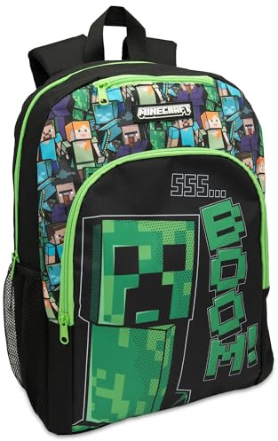 Minecraft Kids Creeper Backpack Childrens School Bag Boys Rucksack | Adjustable Straps Zip Closure Side Bottle Pocket Lightweight Design
