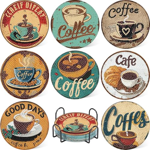 Daisen Art 8 Stück Diamond Painting Untersetzer, Kaffee Diamond Painting Coasters with Holder, Coffee Diamond Coasters, 5D DIY Kaffee Untersetzer rutschfest für Anfänger, Erwachsene & Kinder