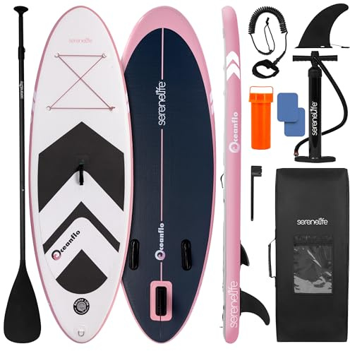 SereneLife 7'9 Kids Inflatable Stand Up Paddle Board - SUP for Youth with Single-Action Pump, Adjustable Paddle & Backpack - 30” Wide Stable Design with Non-Slip EVA Deck Pad, Ages 5+, 200lb Capacity