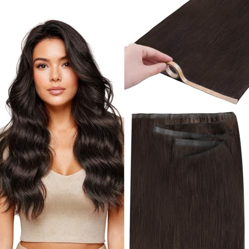 GOO GOO Tape in Weft Extensions Echthaar, Genius PU Long Weft Extensions Echthaar, Seidig, einfach zu verwenden, 45cm 50g, 2 Dunkelbraun