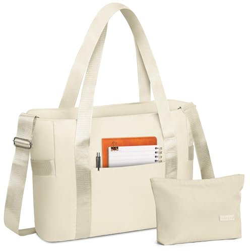 SKCOYH Large Tote Bags for Women with Zipper, Waterproof Work Bag with 15.6-Inch Compartment, Ideal for Nurse, Teacher, Travel, Gym, Beach, Yoga, School with Adjustable Strap (Beige)