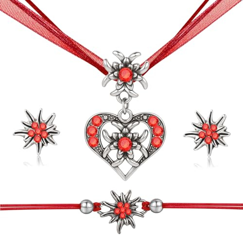 TOWLEING 4 Stück Trachtenschmuck Damen Edelweiß Trachtenkette Armband Ohrstecker Dirndl Schmuck Elegantes Dirndl Schmuck Damen für Dirndl oder Lederhose Hochwertiges Trachtenschmuck Set