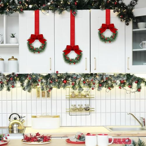 6 Kleine Weihnachtskränze mit Band Weihnachten Deko Küchenschränke Kränze Künstliche Türkranz mit Schleife Küchenkränze Grünkränze Weihnachts Mini Wreath Christmas Decorations für Wand Fenster Tür