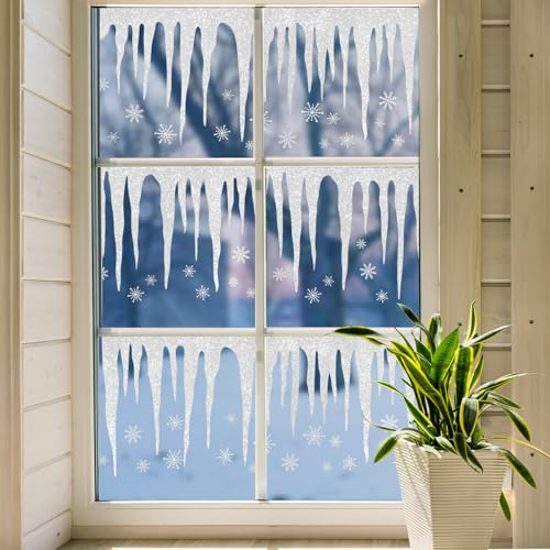 Whaline 9 Blatt Winter Eiszapfen Fensteraufkleber Glitzer Silber Eiszapfen Schneeflocke Fensteraufkleber Weihnachten Wiederverwendbare Dekoration für Weihnachten Urlaub Party Zuhause Klassenzimmer