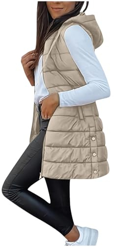 OVARA Womens's Qulited Gilet Longline Full Zip Hooded Padded Vest Outdoor Thermal Long Puffer Gilets Ladies Body Warmer Sleeveless Winter Jacket with Pockets