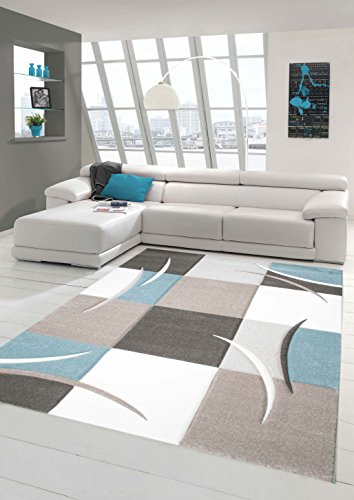 Traum Moderner Wohnzimmer Teppich Kurzflor mit Konturenschnitt Karo Muster Pastellfarben Blau Creme Beige Dunkelgrau 80x150 cm
