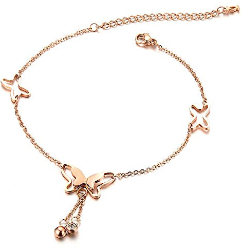 Kim Johanson Bracelet de cheville pour femme en acier inoxydable avec strass en zircone en or rose Livré dans une pochette