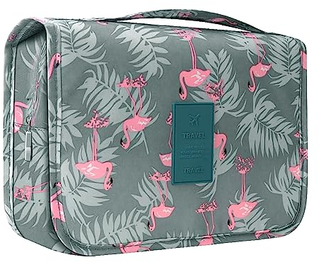 Hanging Toiletry Bag - Travel Portable Wash Bag Makeup Cosmetic Organizer for Women & Girls Waterproof Bathroom Shower Bag for Business Trip, Gym, Vacation & Household (Gray Flamingo)
