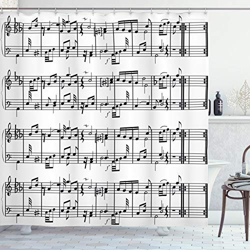 ABAKUHAUS Musik Duschvorhang, Hinweise zum Clef, Stoffliches Gewebe Badezimmerdekorationsset mit Haken, 175 x 240 cm, Schwarz und weiß
