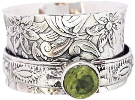 Peridot Ring, Gemstone Ring, Meditation Ring, Anti Anxiety Ring, Sterling Silver Ring, Gemstone Ring, Chunky Ring, Handmade Gift Ring, Textured Ring Spinner