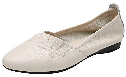 Jamron Women Genuine Leather Pointed Toe Soft Sole Ballet Flats Pumps Beige SN02540 UK6