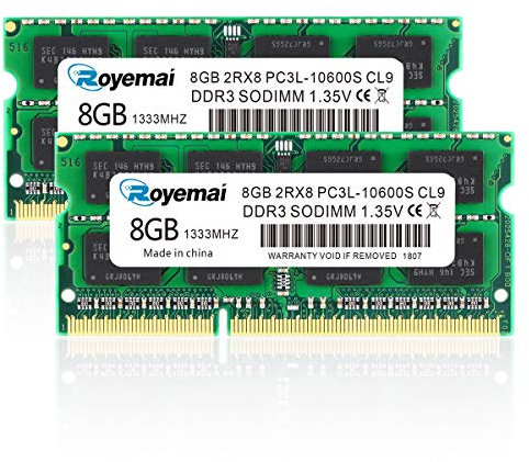 DDR3 RAM 16GB Kit (2X8GB), ROYEMAI PC3-10600 DDR3 1333 16GB DDR3/DDR3L PC3/PC3L Sodimm RAM Memory 2Rx8 1.35V CL9 Notebook RAM
