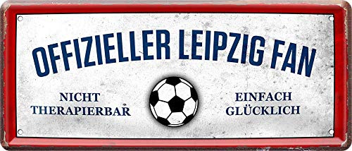 WOGEKA ART Retro Blechschild - Offizieller Leipzig Fan - einfach glücklich Fußball - witziger Spruch Geschenk-Idee Geburtstag Weihnachten Deko 28x12 cm Vintage-Design Metall 951